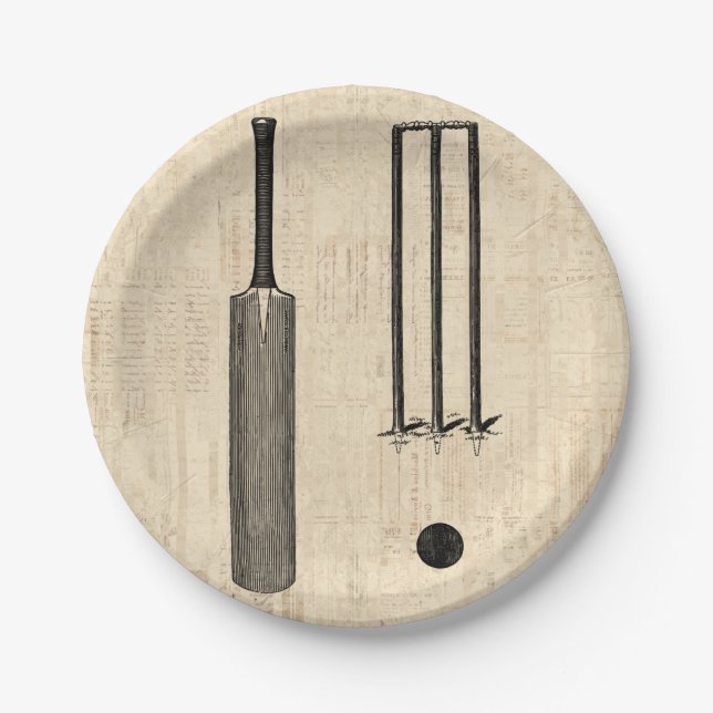 Antique Cricket Bat Vintage Illustrated Art Paper Plates (Front)
