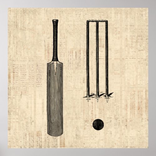 Antique Cricket Bat Vintage Illustrated Art Poster