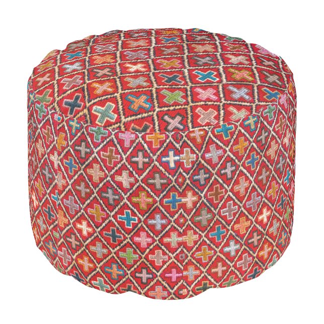 Antique Crimson Red Vintage Turkish Kilim Rug Pouf (Angled Back)