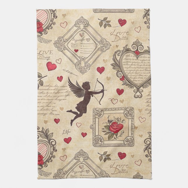 Antique Cupid Valentine Ornate Love Kitchen Towel (Vertical)