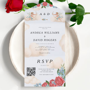 Antique Cupid Vintage Floral Wedding All In One Invitation