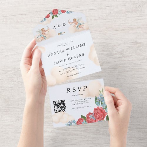 Antique Cute Valentines Day Cupid QR Code Wedding All In One Invitation