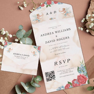 Antique Cute Vintage Dreamy Cupid QR Code Wedding All In One Invitation