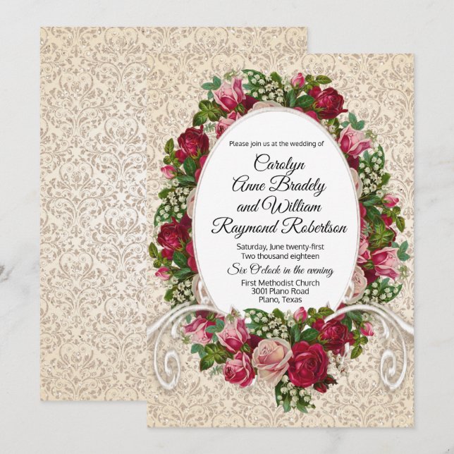 Antique Damask and Roses Wedding Invitation (Front/Back)