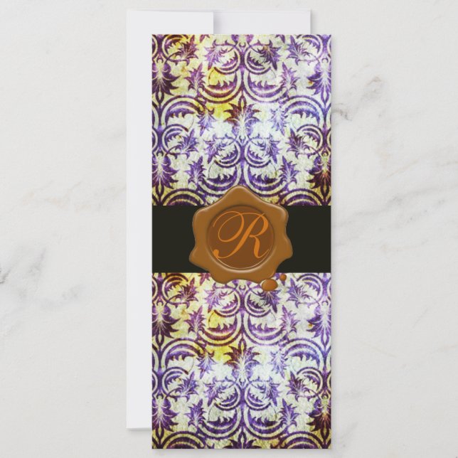 ANTIQUE DAMASK BROWN WAX SEAL MONOGRAM,purple Invitation (Front)