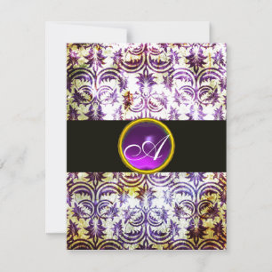 ANTIQUE DAMASK MONOGRAM,black purple, white Invitation