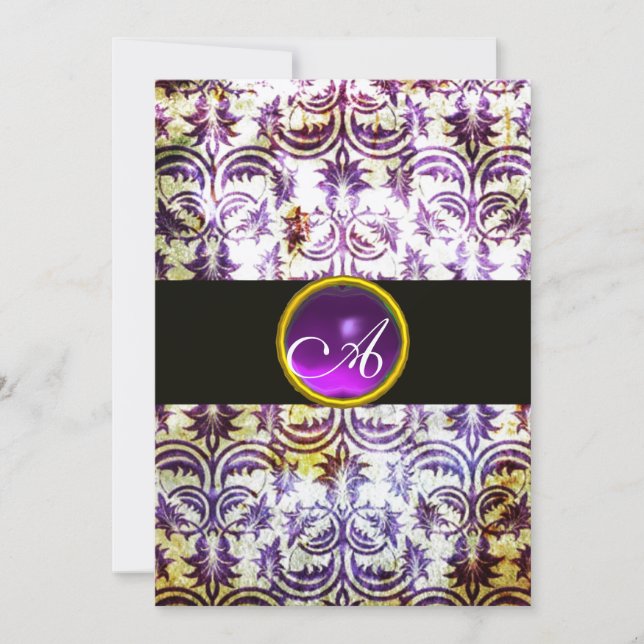 ANTIQUE DAMASK MONOGRAM,black white purple,gold Invitation (Front)