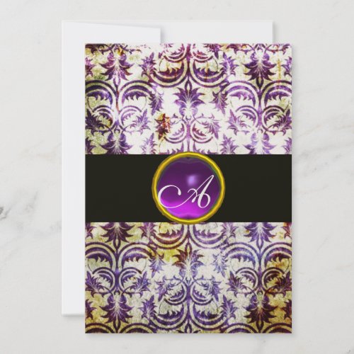 ANTIQUE DAMASK MONOGRAMblack white purplegold Invitation