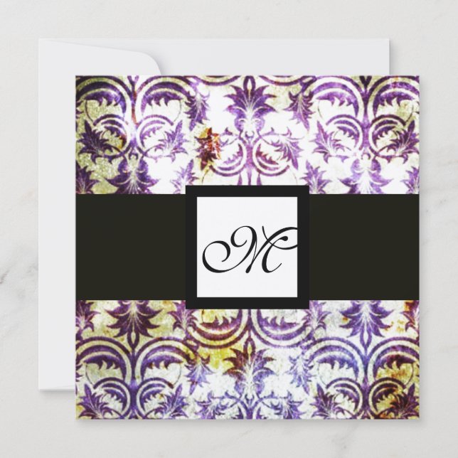 ANTIQUE DAMASK MONOGRAM,black white purple,gold Invitation (Front)