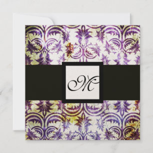 ANTIQUE DAMASK MONOGRAM,black white purple,gold Invitation