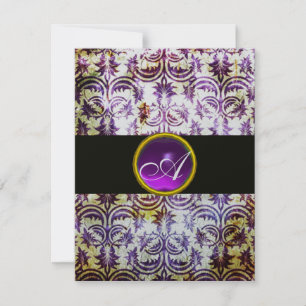 ANTIQUE DAMASK MONOGRAM,black white purple,silver Invitation