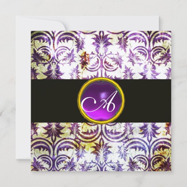ANTIQUE DAMASK MONOGRAM,black white purple,silver Invitation (Front)