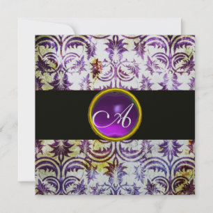 ANTIQUE DAMASK MONOGRAM,black white purple,silver Invitation