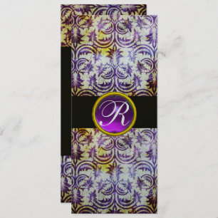 ANTIQUE DAMASK MONOGRAM,black white purple,silver Invitation