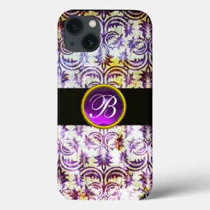 ANTIQUE DAMASK Purple Amethyst Monogram black iPhone 13 Case