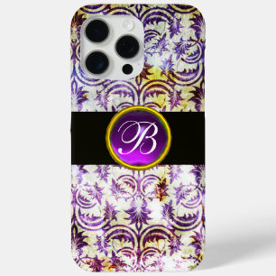 ANTIQUE DAMASK Purple Amethyst Monogram black iPhone 15 Pro Max Case