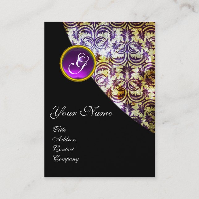 ANTIQUE DAMASK PURPLE AMETHYST MONOGRAM gold Business Card (Front)