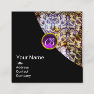 ANTIQUE DAMASK PURPLE GEM MONOGRAM Black Pearl Square Business Card