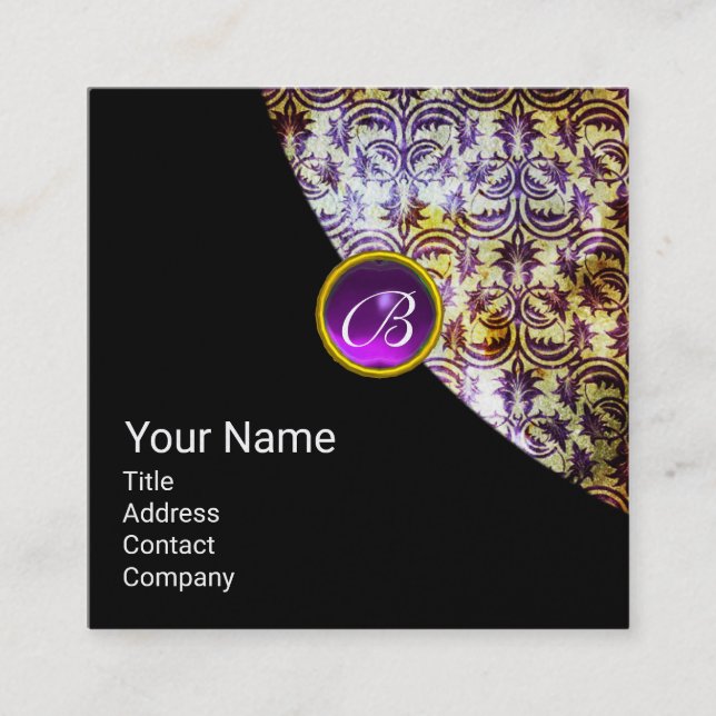 ANTIQUE DAMASK PURPLE GEM MONOGRAM Black Pearl Square Business Card (Front)