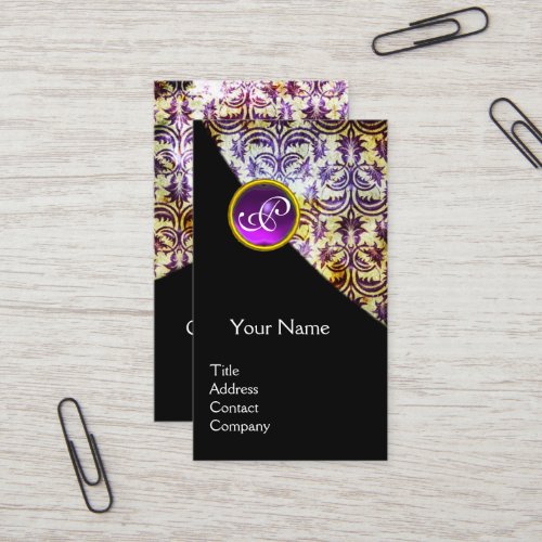 ANTIQUE DAMASK PURPLE GEMSTONE MONOGRAM Black Business Card