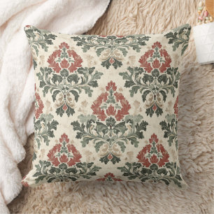 Antique Damask Red Green Beige Throw Pillow