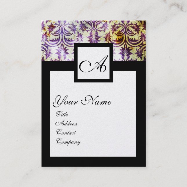 ANTIQUE DAMASK SQUARE MONOGRAM,purple black silver Business Card (Front)