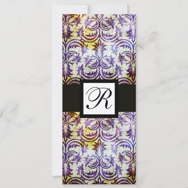 ANTIQUE DAMASK SQUARE MONOGRAM,purple,champagne Invitation (Front)