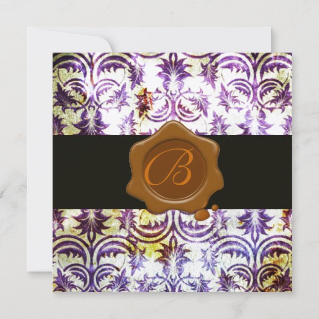 ANTIQUE DAMASK WAX SEAL MONOGRAM,purple,silver Invitation (Front)