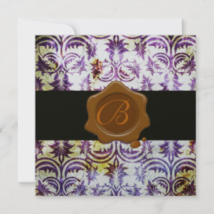 ANTIQUE DAMASK WAX SEAL MONOGRAM,purple,silver Invitation