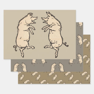 Antique Dancing Pigs: Whimsical Vintage Piggy Jig Wrapping Paper Sheets