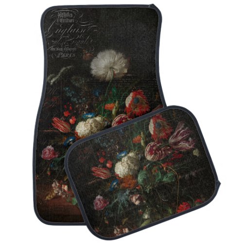 Antique Dark Floral Still Life  French Script Car Floor Mat