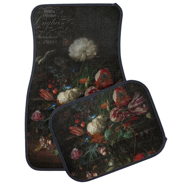 Antique Dark Floral Still Life & French Script Car Floor Mat (Set)