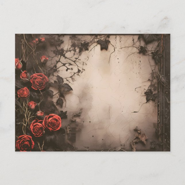 Antique Dead Leaves and Red Roses Halloween Holiday Postcard (Front)