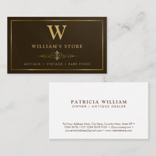 Antique Dealer, Vintage Shop, Brown Leather Gold Business Card