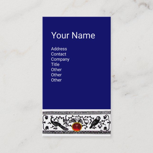 ANTIQUE DECOR ,ANIMALS,RED RUBY,White, Black Blue Business Card (Front)