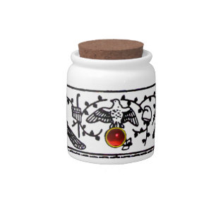 ANTIQUE DECOR,BLACK WHITE ANIMALS,BIRDS RED RUBY, CANDY JAR