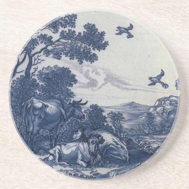 Antique Delft Blue Tile - Cattle and Birds Drink Coaster (Front)