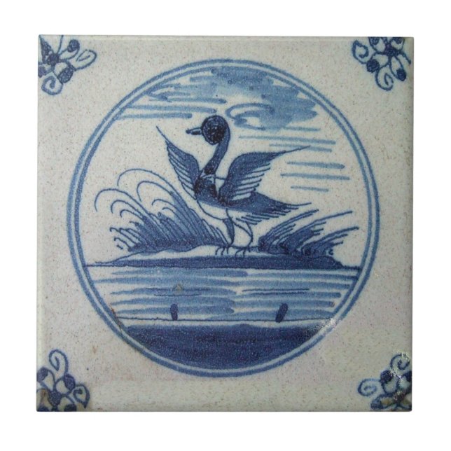 Antique Delft Blue Tile - Duck in the Water (Front)