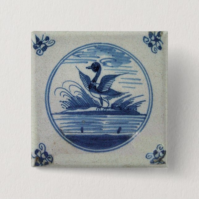 Antique Delft Blue Tile - Duck in the Water Pinback Button (Front)