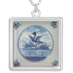 Antique Delft Blue Tile - Duck in the Water Silver Plated Necklace