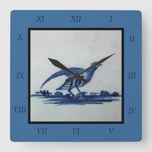 Antique Delft Blue Tile _ Grouse in the Grass Square Wall Clock