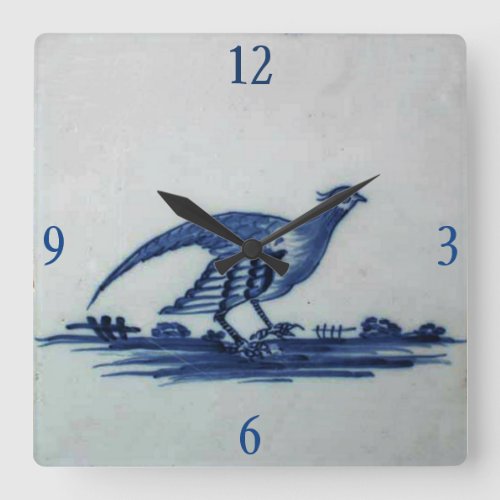 Antique Delft Blue Tile _ Grouse in the Grass Square Wall Clock