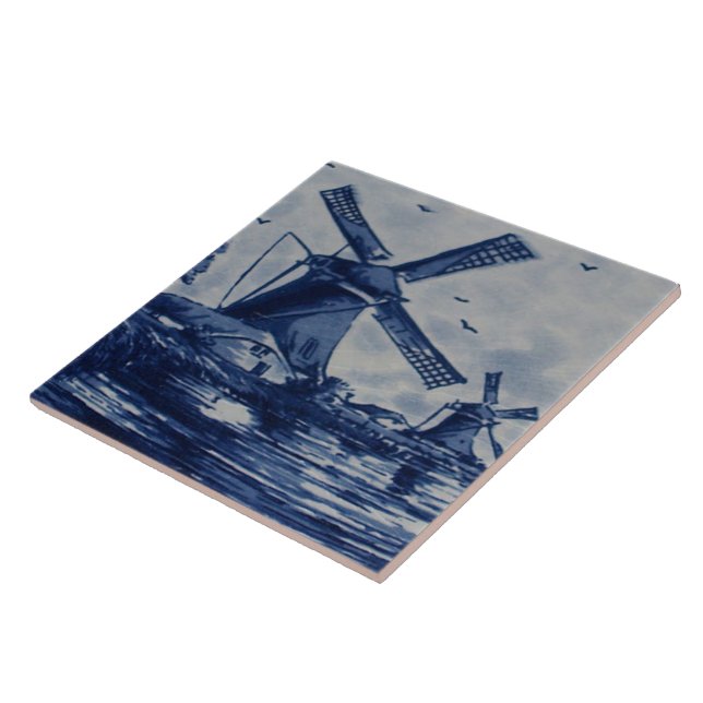 Antique Delft Blue Tile - Windmills by the Water (Side)