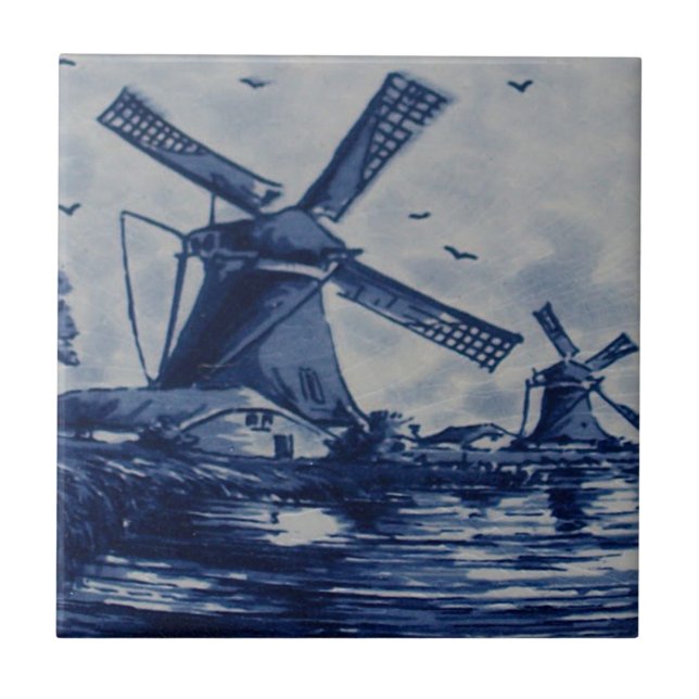 Antique Delft Blue Tile - Windmills by the Water (Front)
