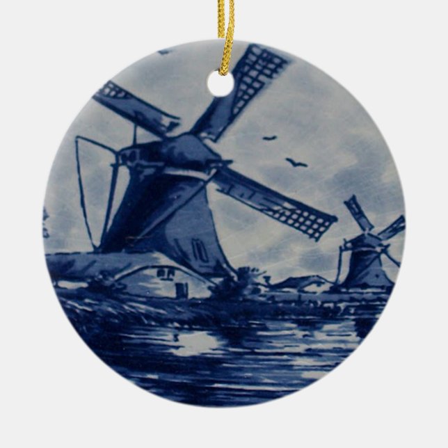 Antique Delft Blue Tile - Windmills by the Water Ceramic Ornament (Front)