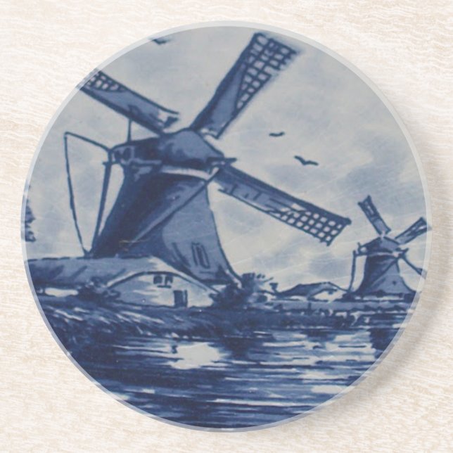 Antique Delft Blue Tile - Windmills by the Water Drink Coaster (Front)