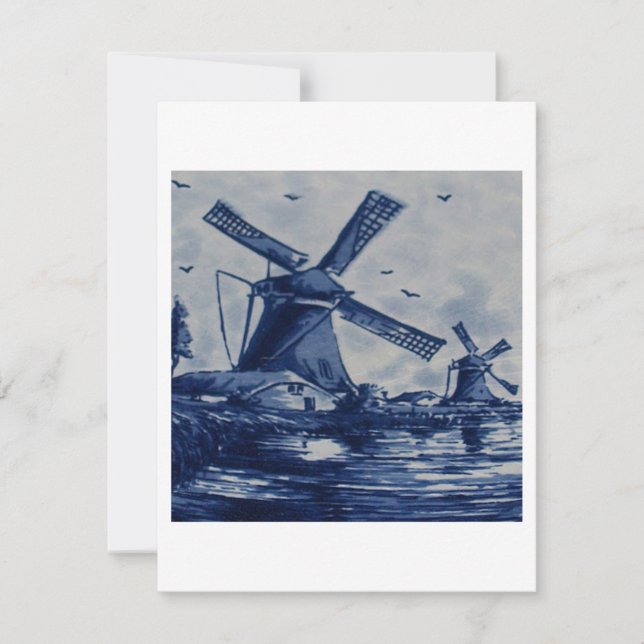 Antique Delft Blue Tile - Windmills by the Water Invitation (Front)