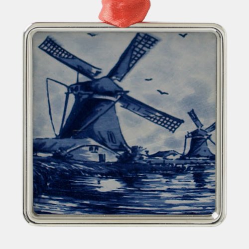 Antique Delft Blue Tile _ Windmills by the Water Metal Ornament