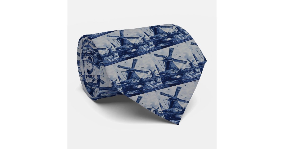 Antique Delft Blue Tile - Windmills by the Water Tie | Zazzle