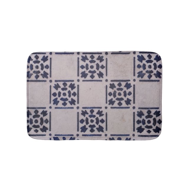 Antique Delft Blue White Pattern Dutch Tile Bathroom Mat (Front)